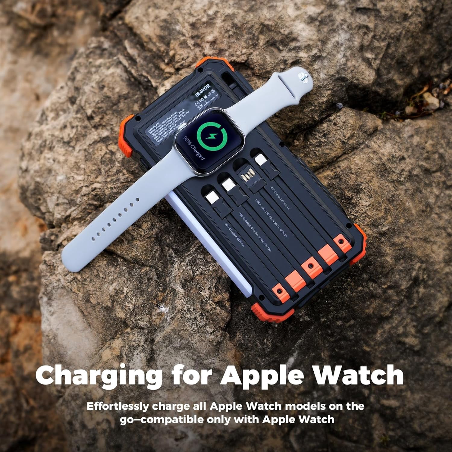 Solar Power Bank 20000mAh Built-in Cables, Wireless Charger for Watch, 20W Fast Charging Battery Pack with USB C, Flashlight, iPhone, iPad, iWatch,