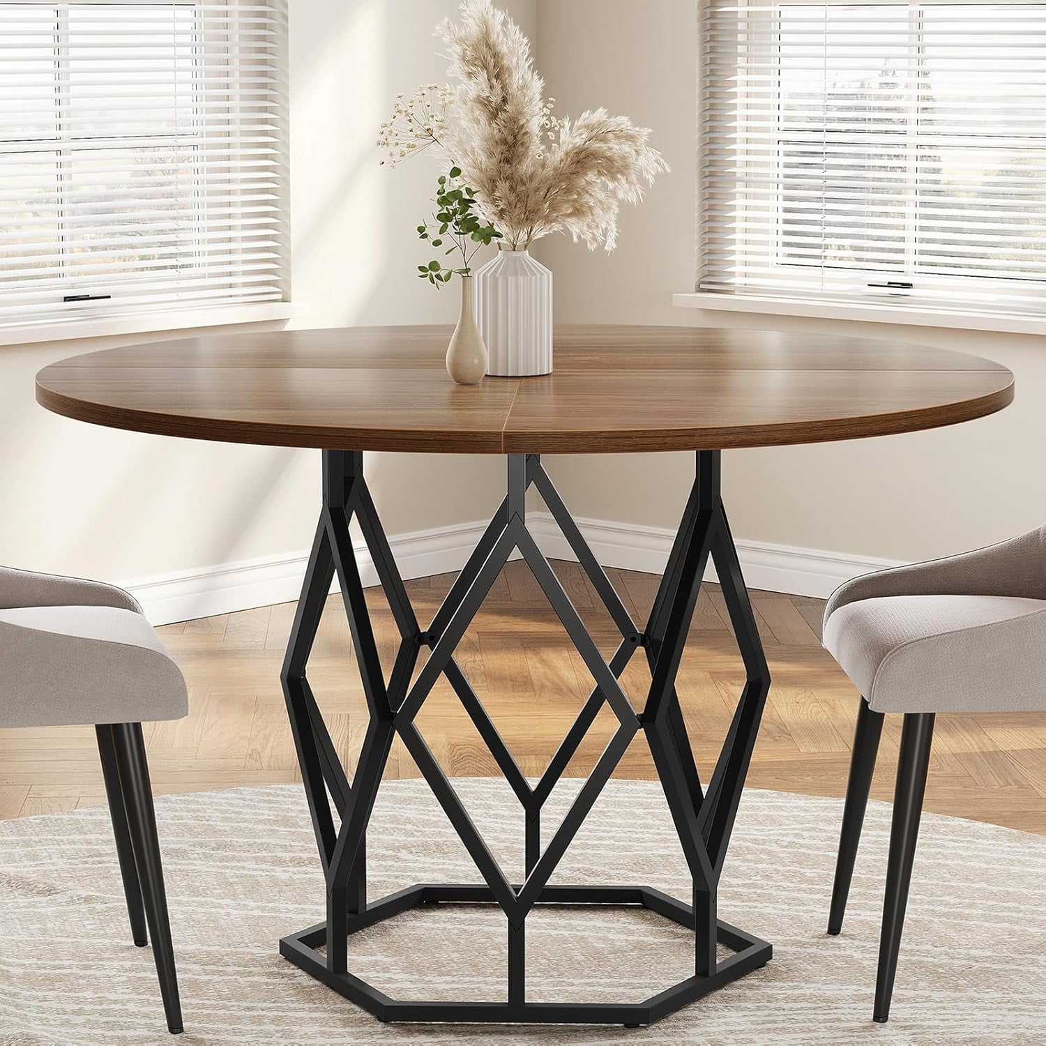 M optimized Round Dining Table for 4-6 People, 47" Farmhouse Kitchen Table, Modern Circle Dinner Table with Sturdy Base, Industrial Wood Dinning Room Table for Kitchen