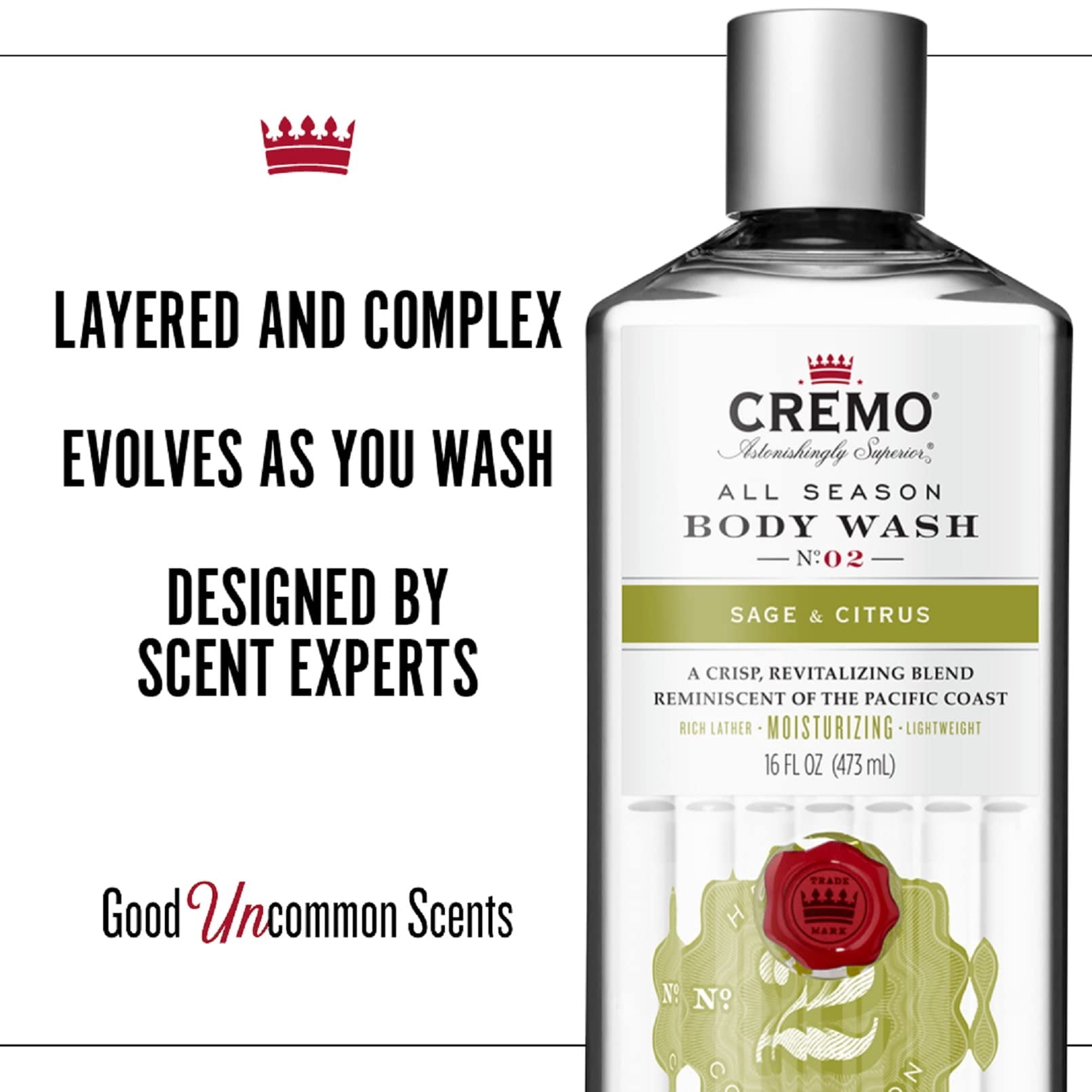 Cremo Rich-Lathering Sage & Citrus Body Wash, A Revitalizing Combination of Bright Mandarin, Dry Herbs and White Cedar, 16 Oz (2-Pack)
