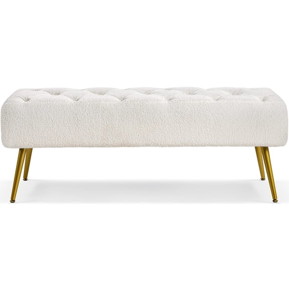 Dining Bench, Button-Tufted Upholstered Bench with Gold Metal Base for Kitchen, Living Room, Entryway, Extra Seating at Parties or Bedroom, Ivory White