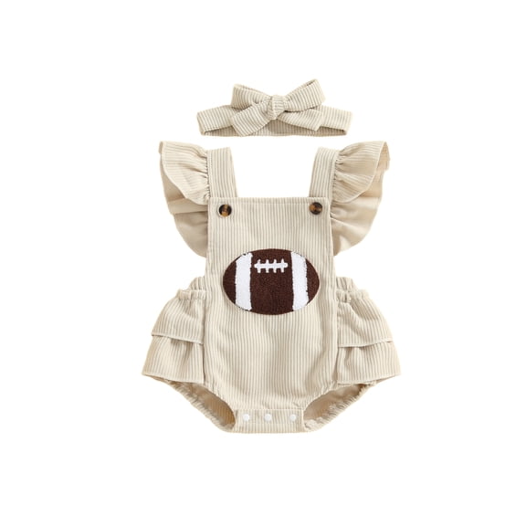 Loicainy Infant Baby Girl Fall Bodysuit 3 6 12 18 Months Ruffle Sleeveless Football Embroidery Romper with Headband