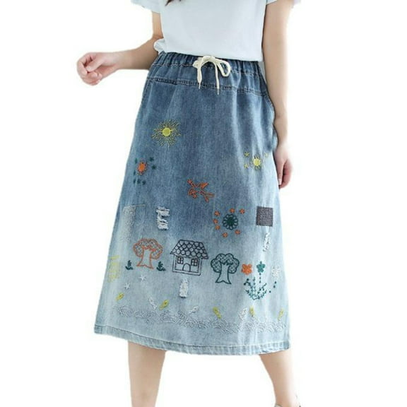 YM YOUMU Women A-line Denim Skirt Embroidery Jean Drawstring Midi Length Cute