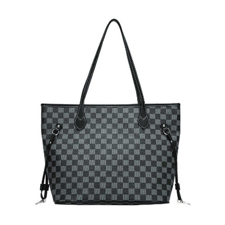 Black Checkered Tote Shoulder Bags With Inner Pouch,PU Vegan