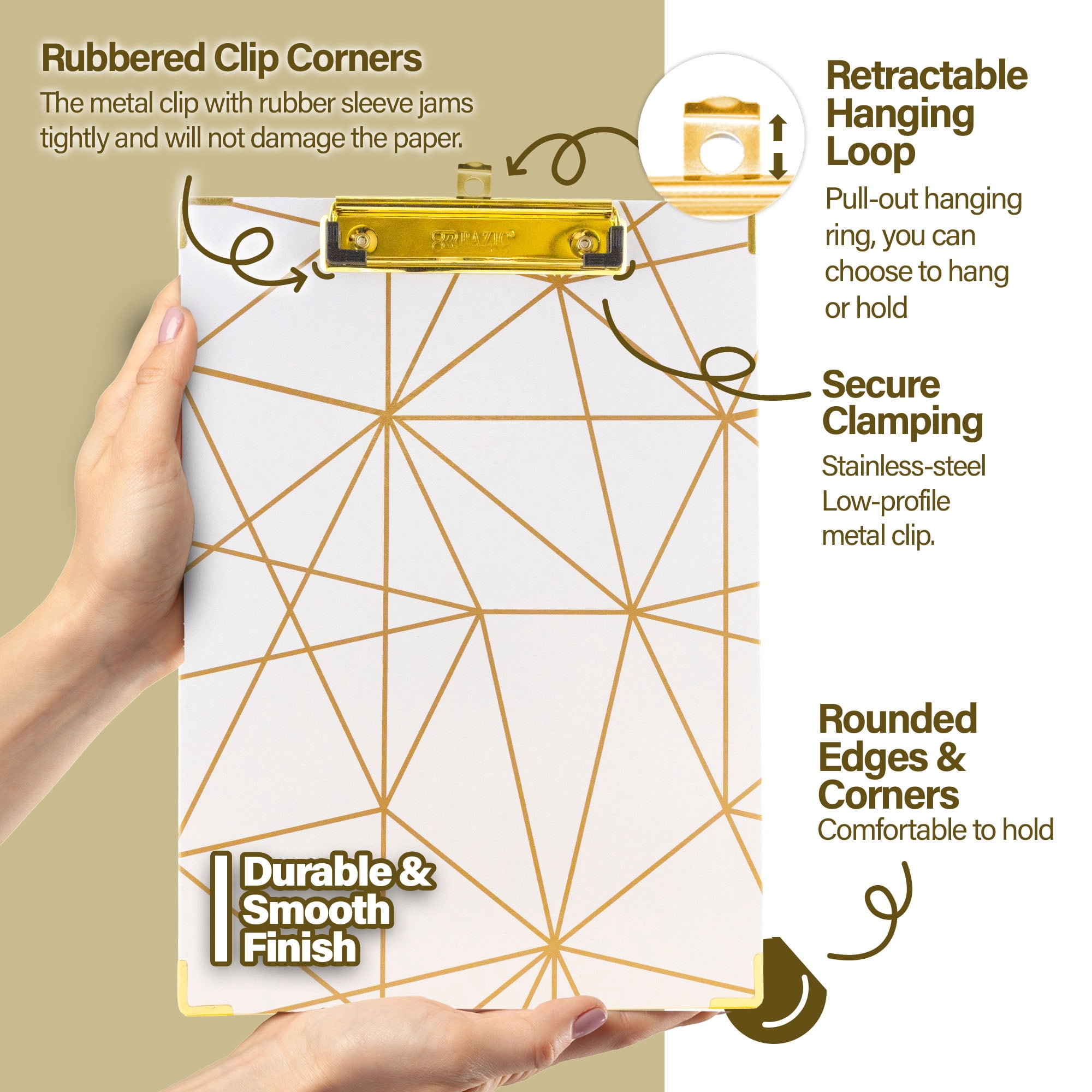 BAZIC Paperboard Clipboard Standard Size Geometric Gold Low Profile Clip, 4-Pack