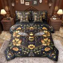 Feelyou Cartoon Bee Bedding Comforter Set 7pcs, Yellow Flower Botanical King Bedding Sets