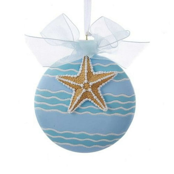 Starfish on Disc Ornament with Blue Waves and Sheer White Ribbon – Free Personalized Holiday Decoration