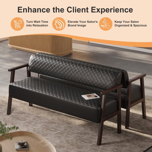 58.27" Diamond Quilted PU Faux Leather Waiting Bench with Wood Armrests, Upholstered Reception Bench for Salon Lobby Office, Black