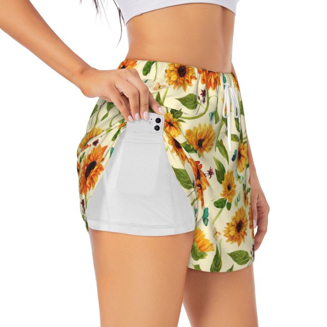 Balery Sunflowers And Butterflies Pantalones cortos deportivos para mujer con forro y dos bolsillos, elásticos, para entrenamiento, gimnasio, yoga-Large