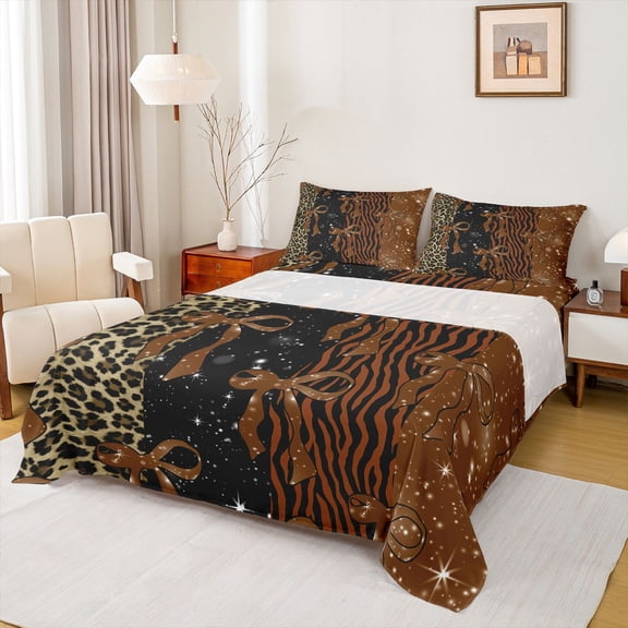 Feelyou Modern Brown Bow-tie Twin Sheet Sets, Fashion Cheetah Zebra Print Twin Fitted Sheet, Chic Bling Stars Flat Sheet, Luxury Bedroom Decor, 3-Piece