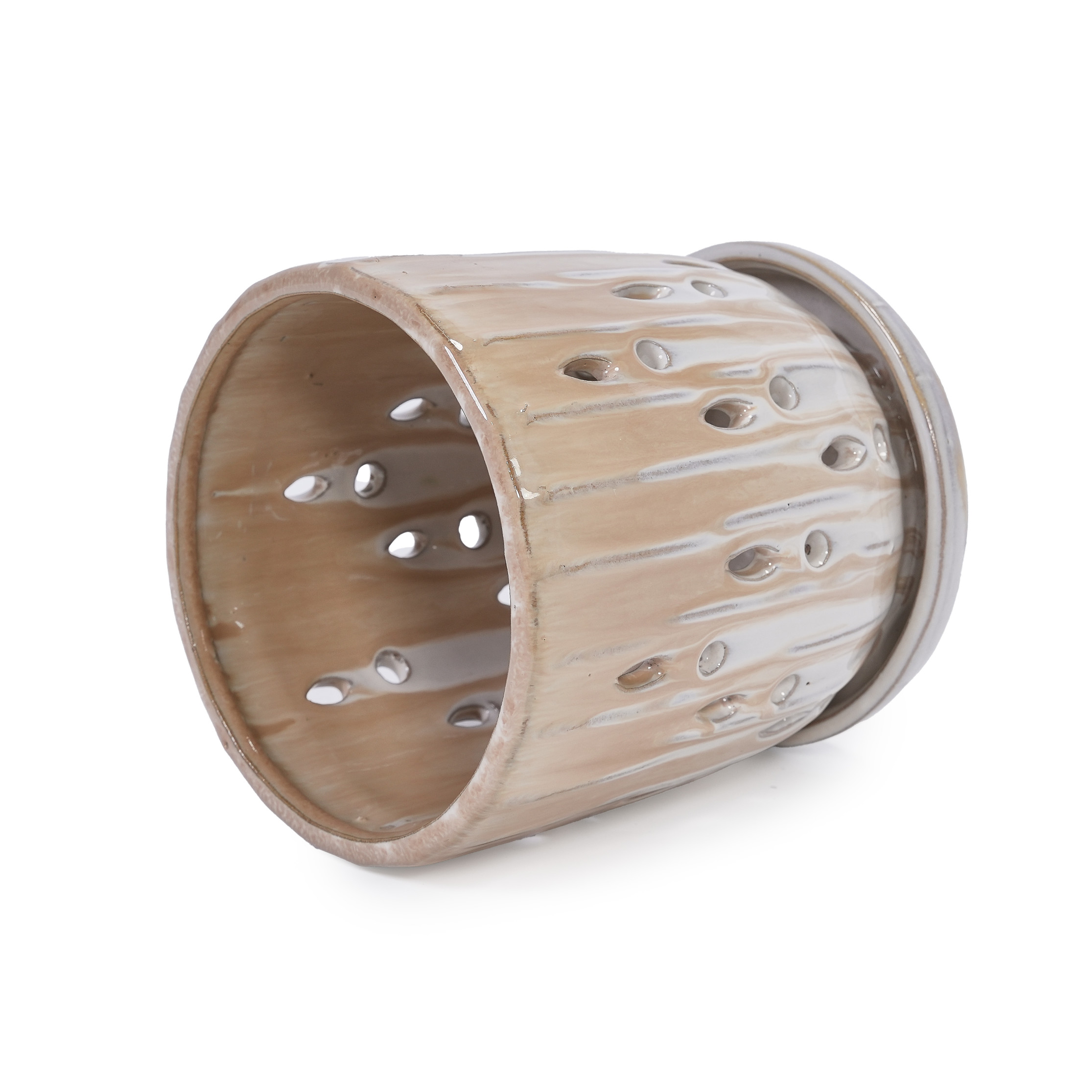 Noble House Katherine Striped Ceramic Planter Set, Weather-Resistant Flowerpots with Drainage Hole, Set of 2, Brown + White