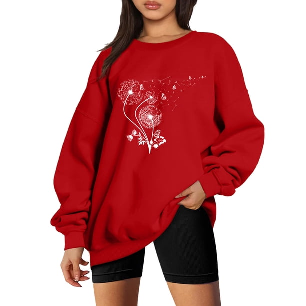 Gibobby Sudadera sin capucha y ocio Suéter sin capucha de manga de hombro de color sólido con parte superior suelta de otoño e invierno para mujer Características del suéter: (Rojo, XXL)