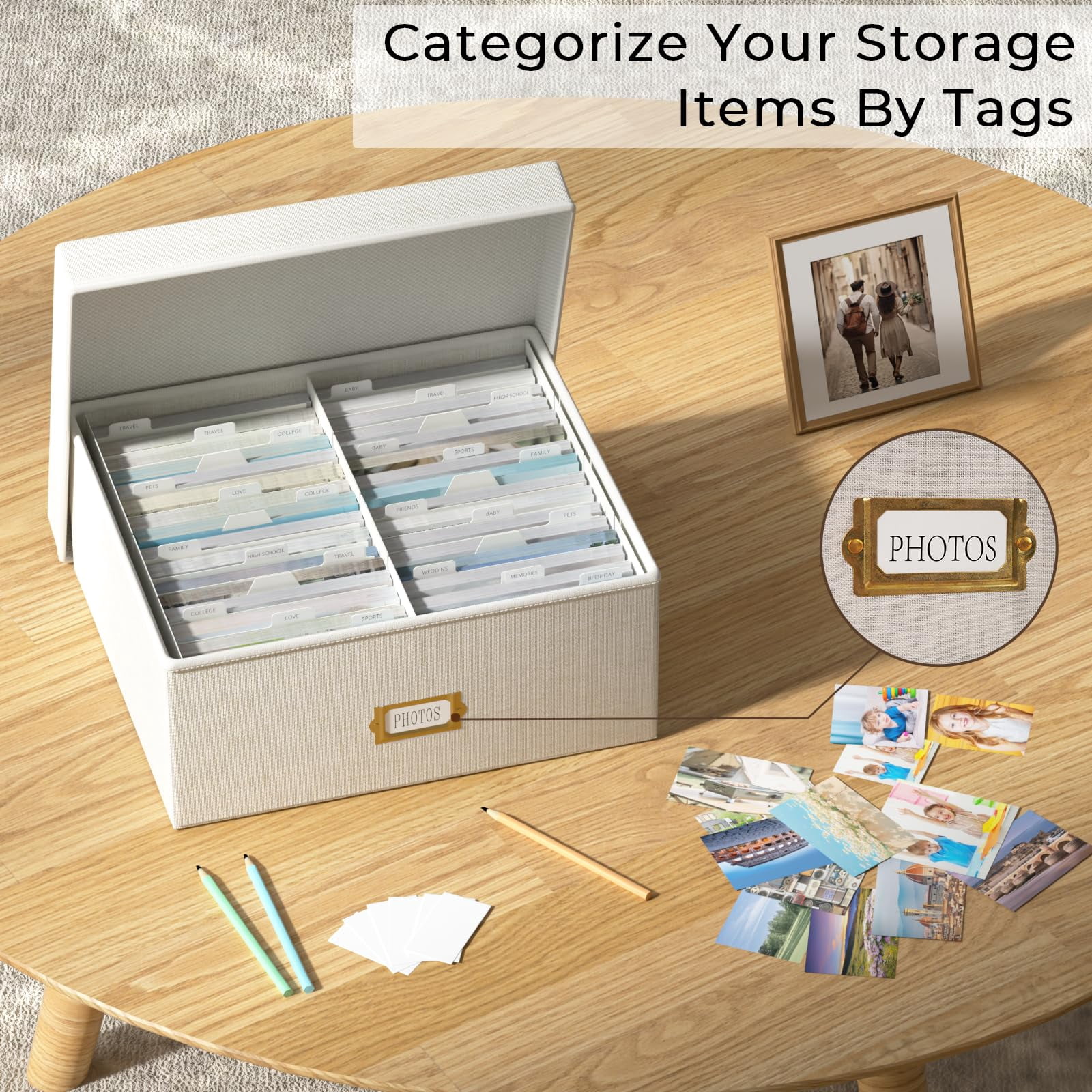 Decorative Photo Storage Box - Linen Organizer With Dividers  Fits Holds Up To 1700 Pictures And 4x6 Photos Memory Keepsake For Scrapbook Supplies Cards (beige)