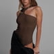 thumbnail image 2 of Body sin mangas para mujer, cuello redondo, asimétrico, ajustado, patrón liso, mono de punto acanalado elegante y sencillo, marrón L, 2 of 6