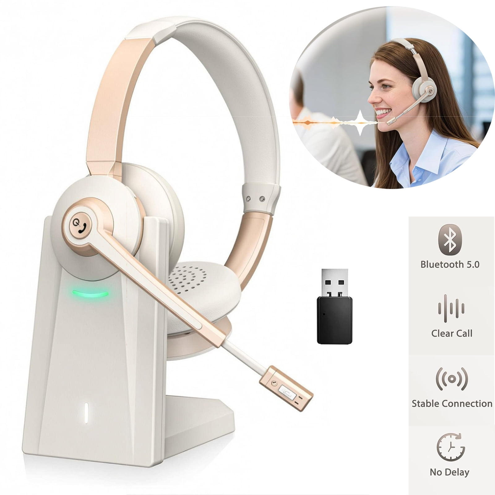 Upgraded Wireless Headset with Mic for Work, AI Noise Cancelling Bluetooth Headphones with USB Dongle & Charging Dock, On-Ear Office Computer Headset for PC Phone Call Meeting