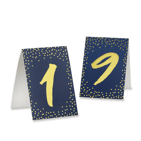 Plastic Table Tents - Navy and Gold Foil Tented Table Numbers 1-18