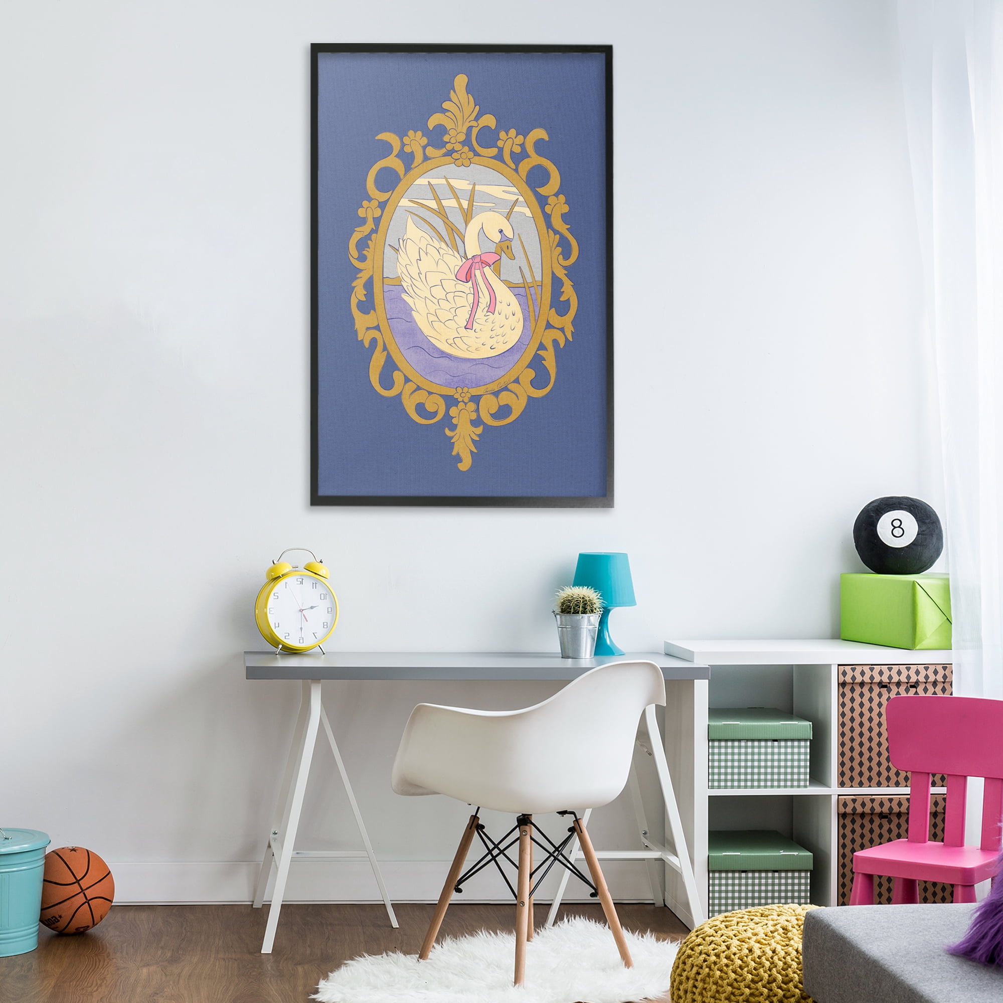 Stupell Industries Swan and Ornate Pattern Black Framed Giclee Art, design by Carrie Cantwell