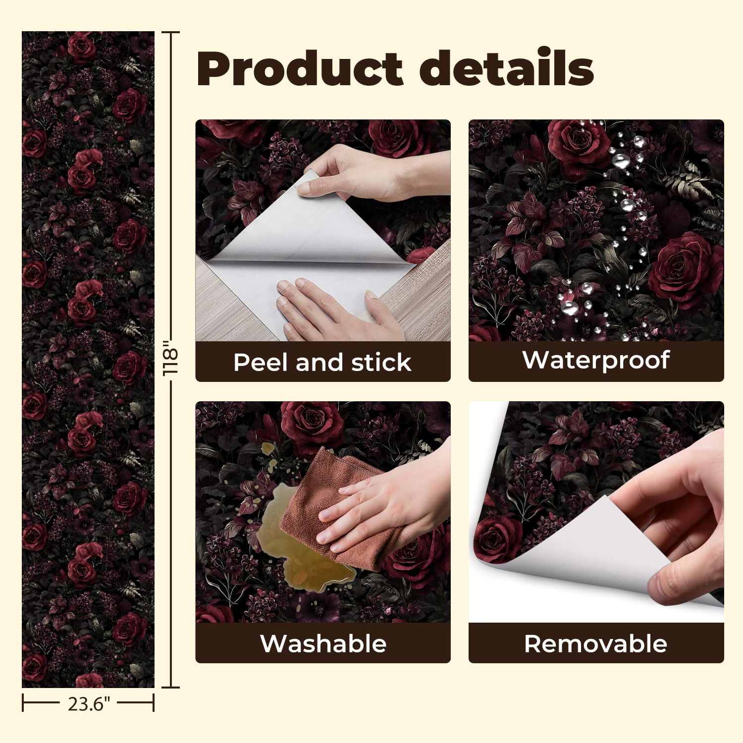 Peel and Stick Wallpaper Deep Burgundy Roses Dark Floral Black Wall Mural 23.6in x 9.8ft Self Adhesive Removable Wall Paper Renter Friendly Wallpaper for Nursery Bedroom Cabinets