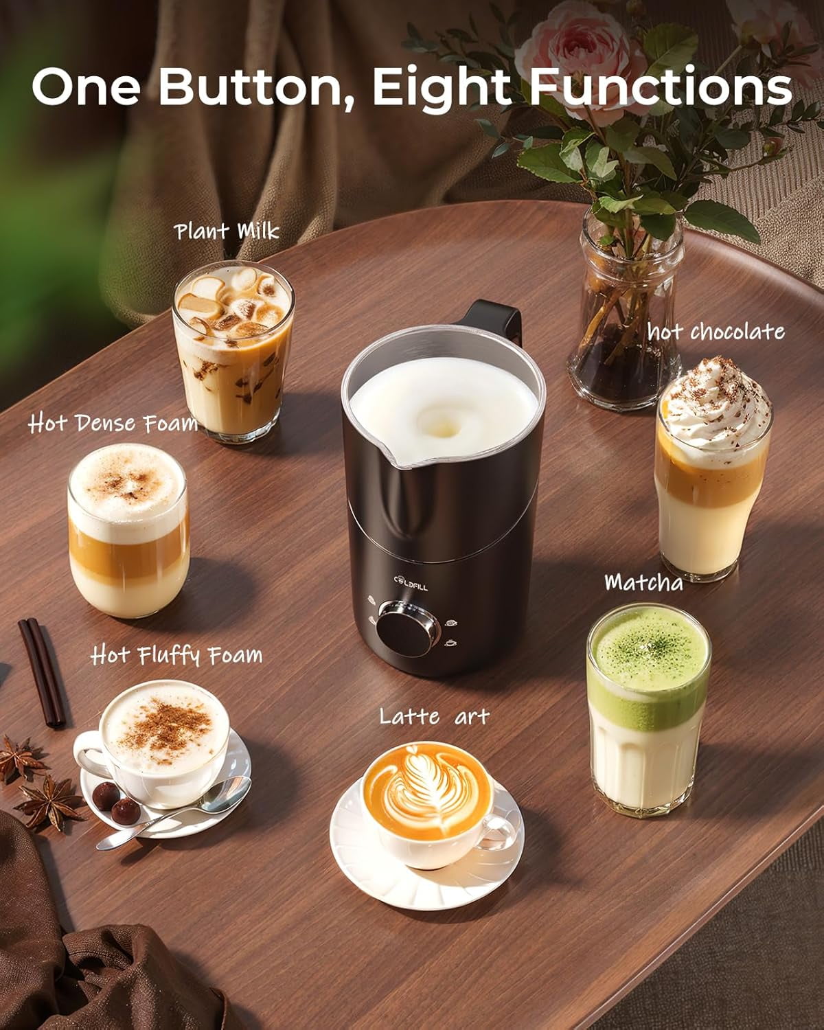 8-in-1 Electric Milk Frother and Steamer, COLDFILL 13.5oz/400ml Hot & Cold Foam Maker, Quiet Dishwasher Safe for Latte Cappuccino, Black