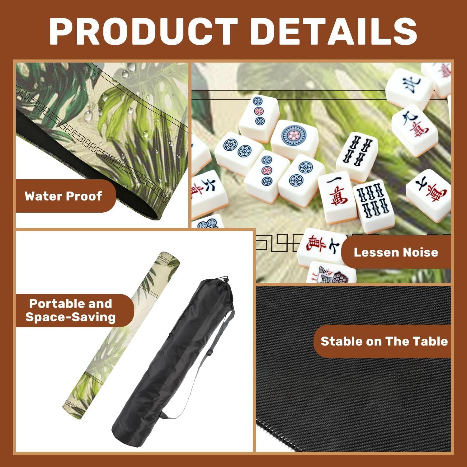 Mahjong Mat 31.5" x 31.5" Tropical Palm Leaves Jungle Leaf Seamless Floral Non-Slip Noise Reduction Mahjong Tiles Table Cover for Dominoes Poker Card Board and Tile Games