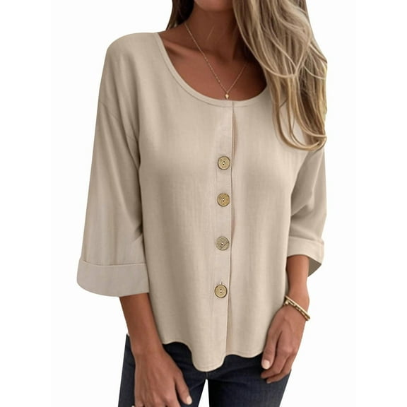Linen Tops for Women Button Down V Neck 3/4 Sleeve Shirts Roll-Up Solid Casual Loose Fit Tunic Top L