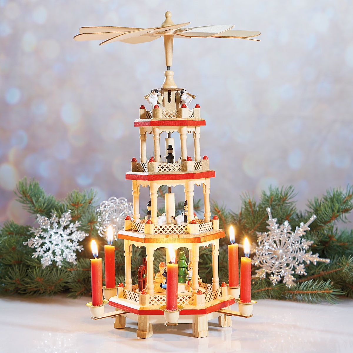 German Christmas Pyramid 17.5 Tabletop Nativity with Candle Holders Holiday Decor Brown