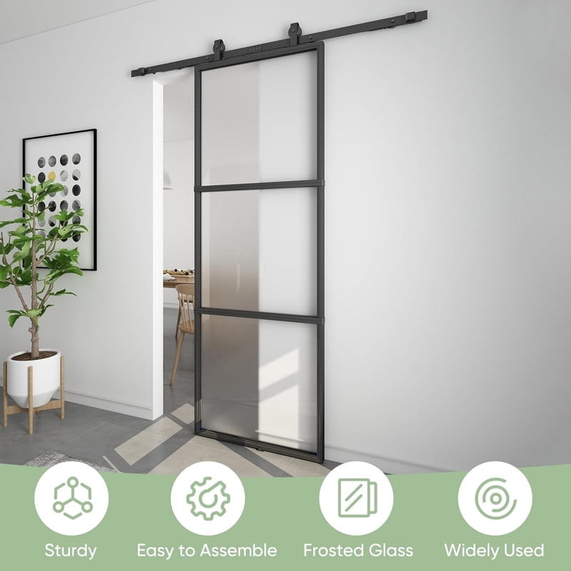 Easy4Home 28"x84" Frosted Glass Sliding Barn Door with Track and Hardware Kit