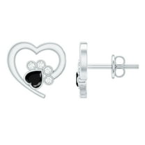 Rosec Jewels 1/4 CT Heart Shape Black Onyx and Diamond Paw Stud Earrings, 14K White Gold