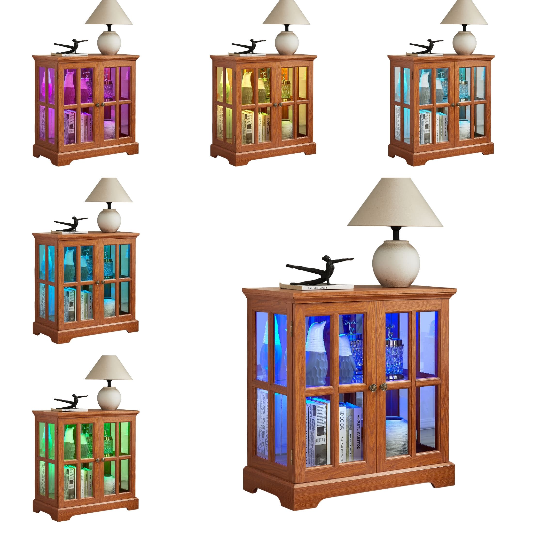 Noble House Belmere LED Curio Display Cabinet, 2-Door Antique Glass Bookcase with Adjustable Shelves, Dark Oak