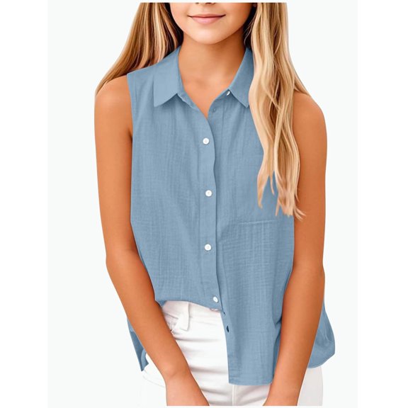 REDARER Girls Sleeveless Collared Button Down Shirt Front Pocket Loose Fit Lightweight Casual Summer School Top,13-14 Years