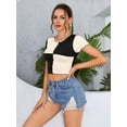 thumbnail image 3 of Womens Short Sleeve Cropped T-Shirts Lettuce Trim Color Block Ribbed Tees Crop Tops, 3 of 7