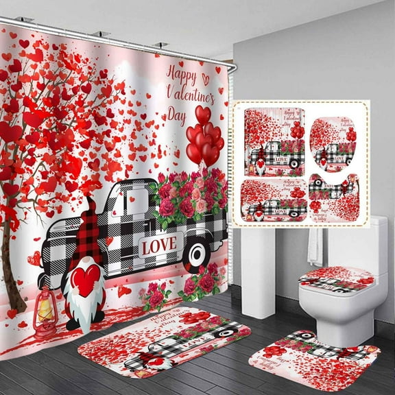 4PCS Valentine's Day Highland Cow Shower Curtain Sets with Rugs, Waterproof Fabric White Shower Curtain, Red Plaid Romantic Pink Rose Floral Love Funny Bull Cattle Farm Animal Bathroom Decor