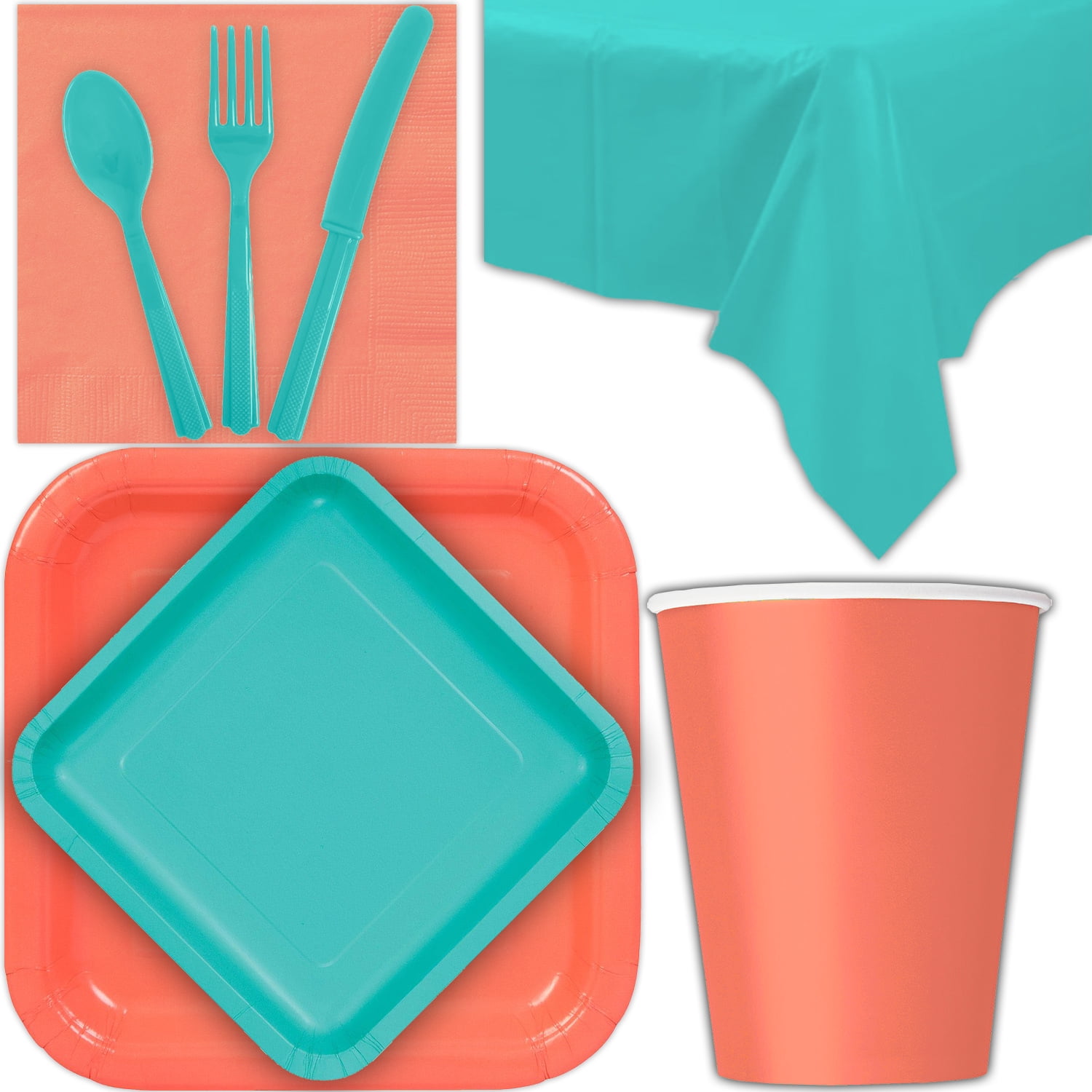 coral and teal paper plates