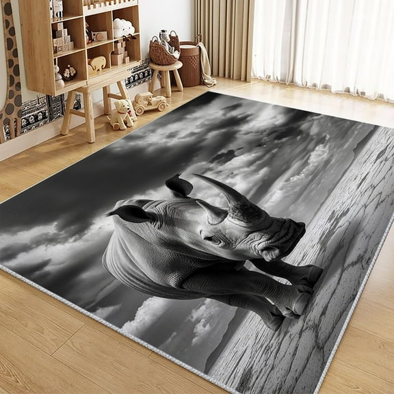 Area Rug Rectangle Carpet, Animal Photography Rhino Machine Washable Rug For Living Room, Stain Resistant Non Slip Black Decorative Carpet For Bedroom Kitchen