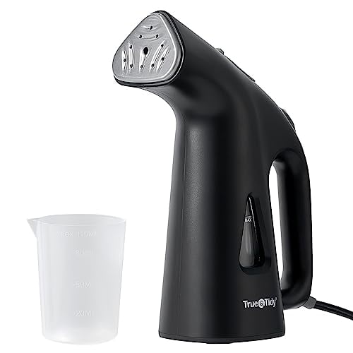 Vaporizador portátil True & Tidy® para ropa, quita arrugas, apagado automático, 800 vatios de vapor, placa de acero inoxidable, color negro.