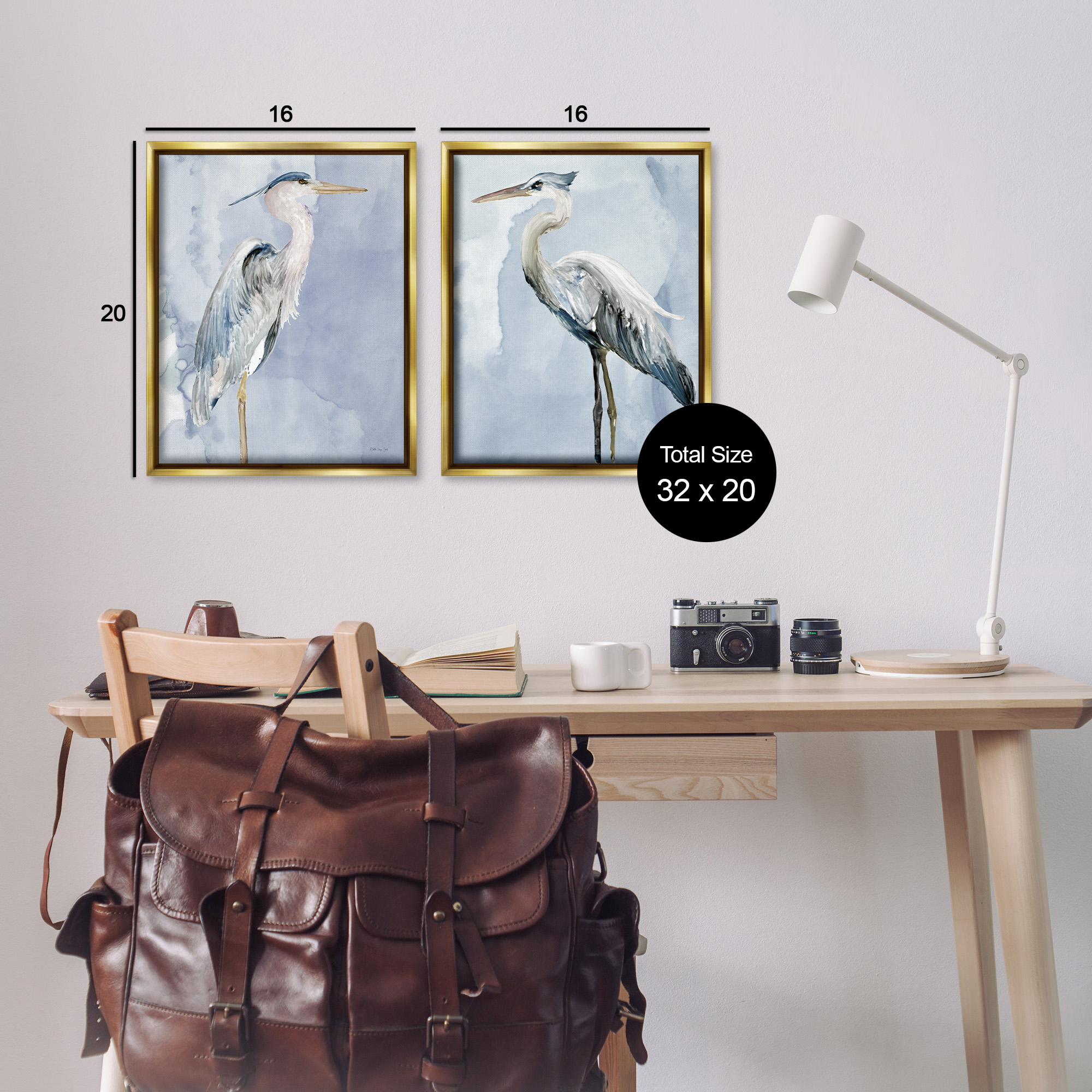 Stupell Industries Heron Birds Standing Blue Sky Animals & Insects Painting Gold Floater Framed Canvas Art Print Wall Art, 17 x 21, Set of 2