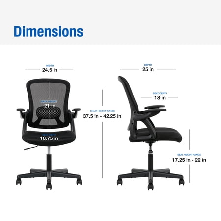 MAINSTAYS ERGONOMIC MESH BACK OFFICE CHAIR WITH FLIP UP ARMS FOR ADULTS, BLACK FABRIC, 275LB