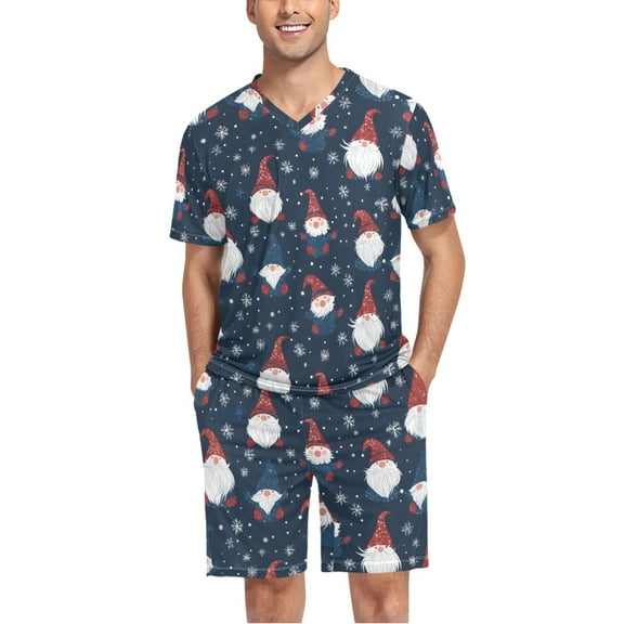 joogoo Men's Pajama Set Christmas Gnomes and Snowflake V-Neck Pj Shorts Set 2 Piece Loungewear Sleepwear L