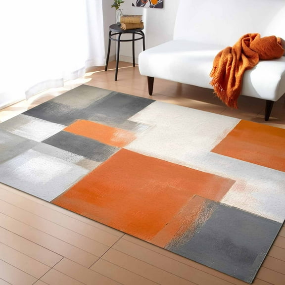 Area Rugs Indoor Non-Slip Rectangle Rug 5x8 Ft Retro Color Block Grey Orange Geometric Oil Painting Style Rug Rubber Backing Floor Mats Non Shedding Home Decor Carpet for Entryway Living Room