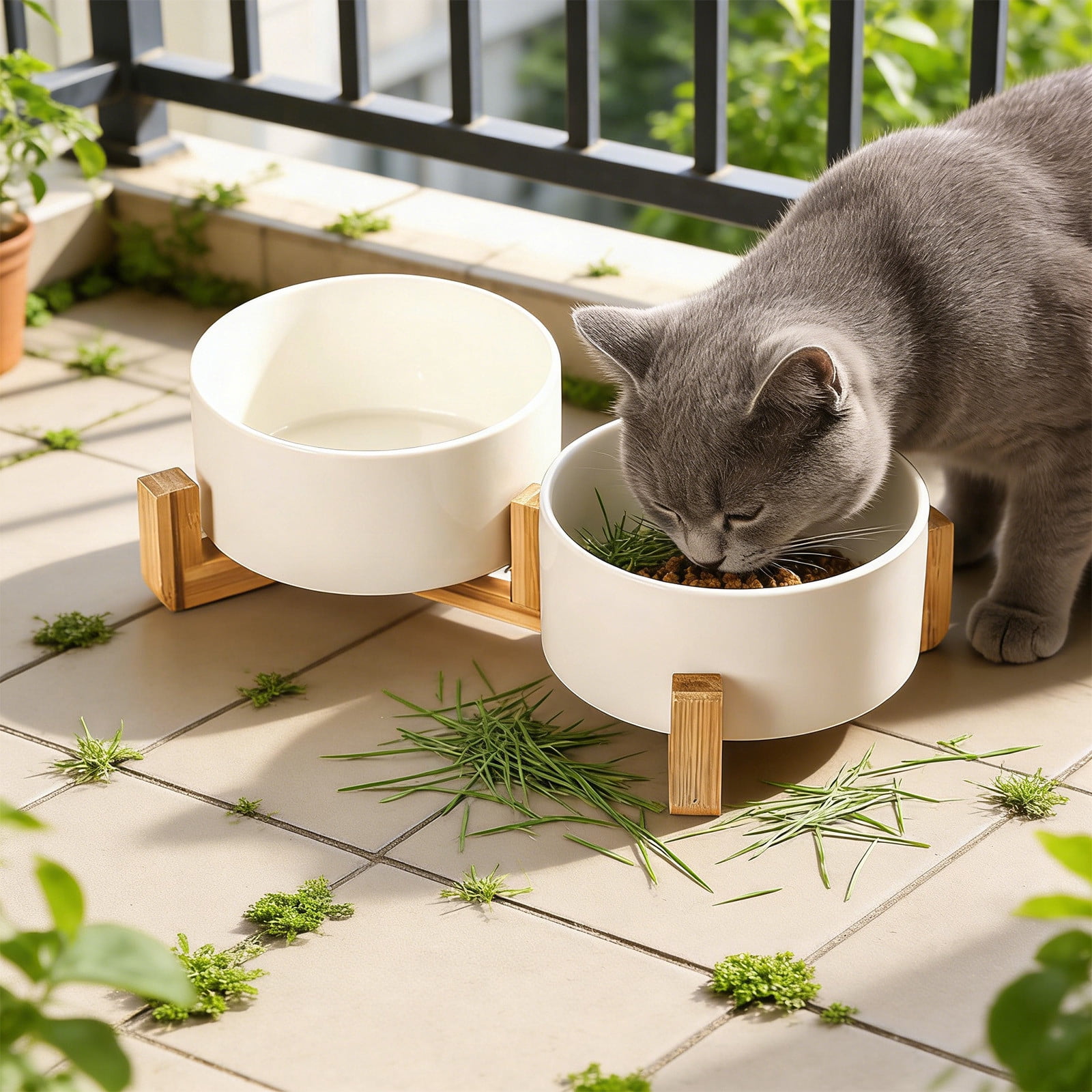Tarmeek Ceramic Dog Bowls Elevated, Double Bowl Stand for Food & Water, Cervical Spine Protection, Anti-Tip Design, 550ml Capacity, Easy Clean Cat Bowls Elevated Dog Bowls