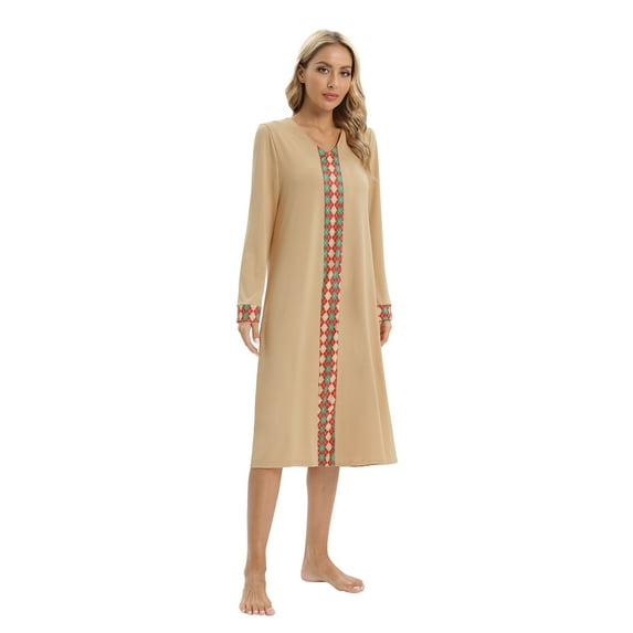 Valcatch Women's Nightdress V Neck Long Sleeve Sleep Skirt Loose Comfy Pajamas Khaki