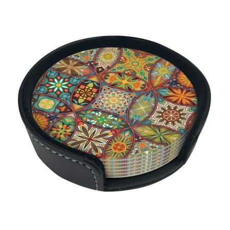 

Round Pu Leather Coaster Mandala Pattern Heat - Resistant Beverage Cup Mat-Fancy Decor For Kitchen Office Dining Room Table - Drink Protector 6-Slice