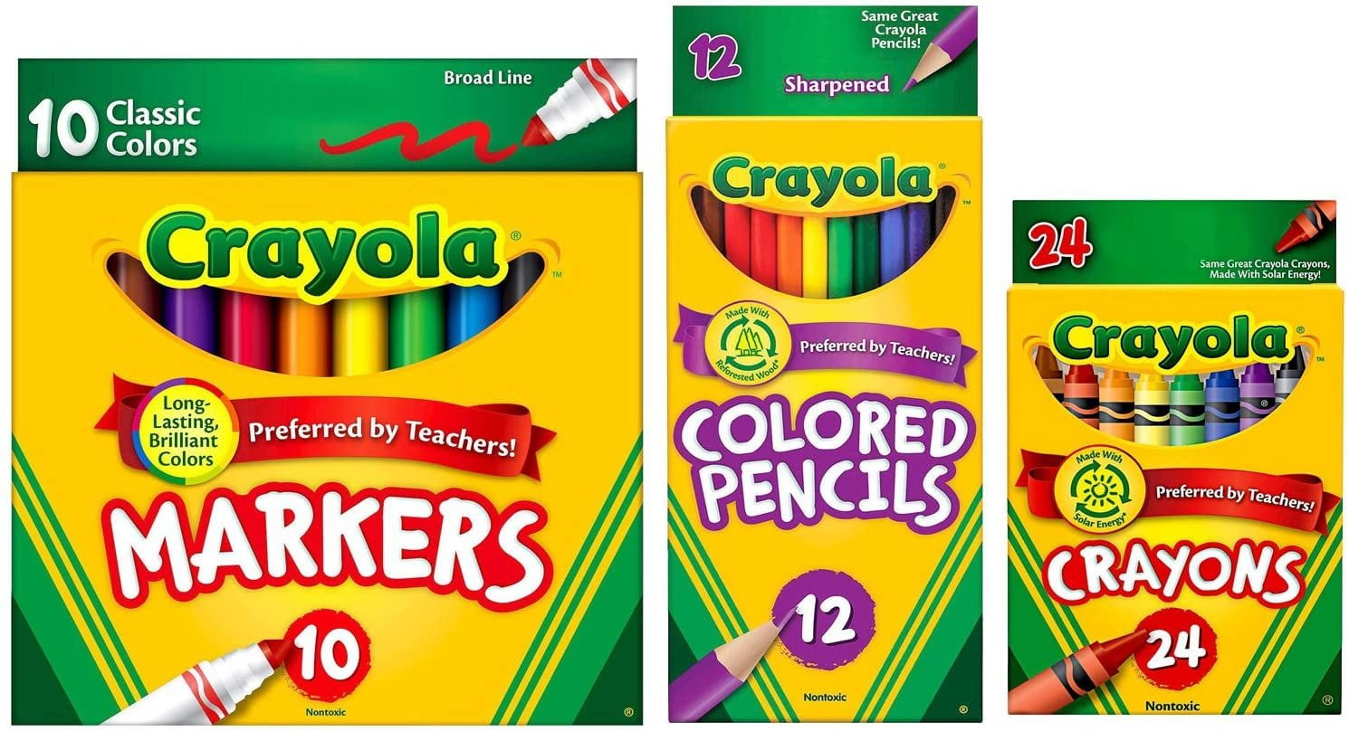 Crayola Classic Bundle: 3 Items - Crayons 24 Count, Broad Line Markers 10 Count, Colored Pencils 12 Count