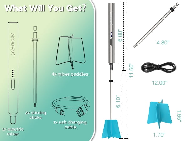 JANCHUN Lightweight Resin Stirrer Handheld Battery Powered Electric Epoxy Resin Stirrer, Resin Stirrer, Powerful Resin Stirrer, DIY Resin Casting Supplies (Includes 4 Stirring Sticks), Paint