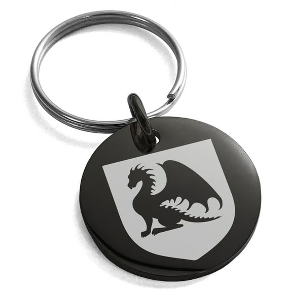 Stainless Steel Dragon Guardian Coat of Arms Shield Engraved Small Medallion Circle Charm Keychain Keyring