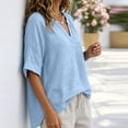 thumbnail image 5 of CaComMARK PI Linen Shirts for Women V Neck 3/4 Sleeve Loose Fit Cotton Tops Button Down Casual Dressy Clothes for Summer Light Blue, 5 of 7