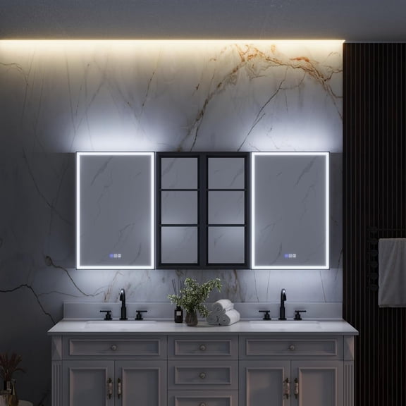 ANGELES HOME 64"x30" LED Mirrored Medicine Cabinet, Medicine Cabinets with Lights for Bathroom, Recessed or Surface Mount, Led Medicine Cabinet with Outlets & USB, Defogger, Dimmer, Double Open Door