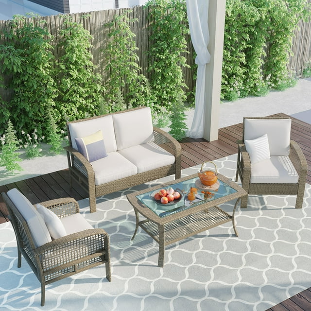 4 Pcs Patio Conversation Sets, PE Rattan Patio Set, Outdoor Bistro Set with Table and Washable Cushions, Patio Porch Sunroom Furniture Set for Garden Poolside Balcony, JA2364