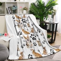 Corgi Dog and Footprints Blanket,Comfortable Soft Flannel Throw Blanket,All Season,Warm Lightweight Blankets for Sofa Bed Couch Living Room Chair,60"x80"