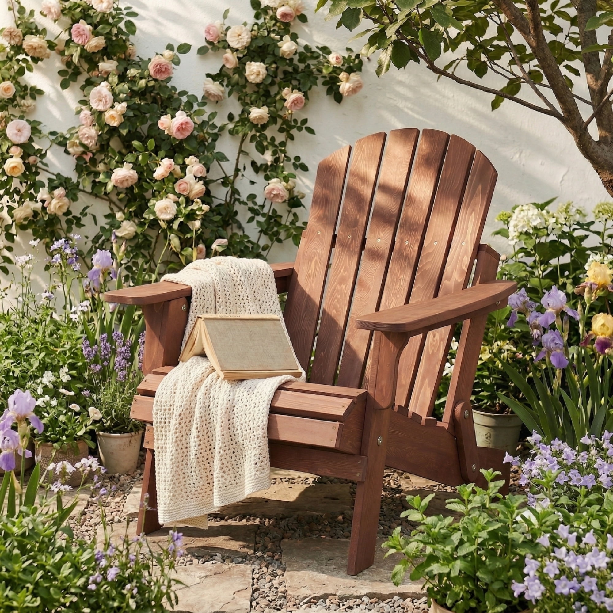 Oversized Embossed Wooden Outdoor Folding Adirondack Chair with Pre-Assembled Backrest & Seat Board, Patio Fire Pit Chair for Backyard, Porch, Poolside & Deck,Brown