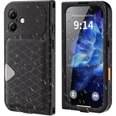 Waterproof Case for iPhone 17, Magnetic Wallet Phone Cover with Built-in Screen Protector, Card Holder, Makeup Mirror, Camera Control Capture Button